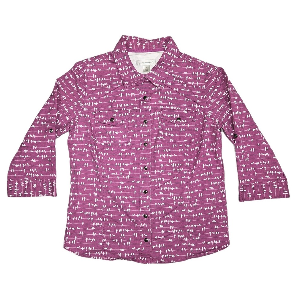 Christopher & Banks Shirt Womens S Purple White Bird Print 3/4 Sleeve Button Up